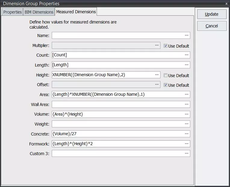 Dimension field formulas