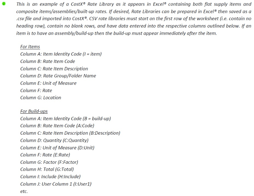 Information and the columns needed in Excel for Items and Buildups
