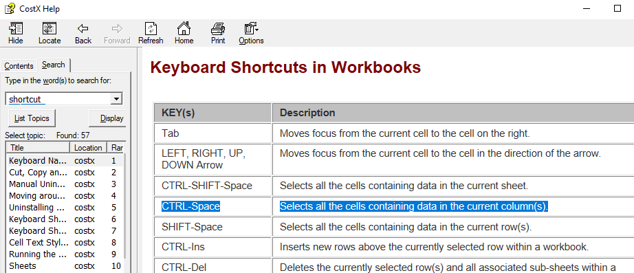 Ctrl+Space from the Workbooks keyboard shortcuts list