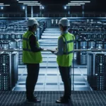 cloud based software for the construction industry symbolized by two construction men standing in cloud server room
