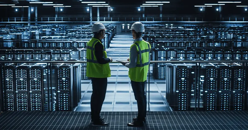 cloud based software for the construction industry symbolized by two construction men standing in cloud server room