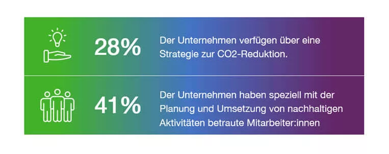 28% der Unternehmen verfügen über eine Strategie zur CO2-Reduktion und 41% der Unternehmen haben speziell mit der Planung und Umsetzung von nachhaltigen Aktivitäten betraute Mitarbeiter:innen
