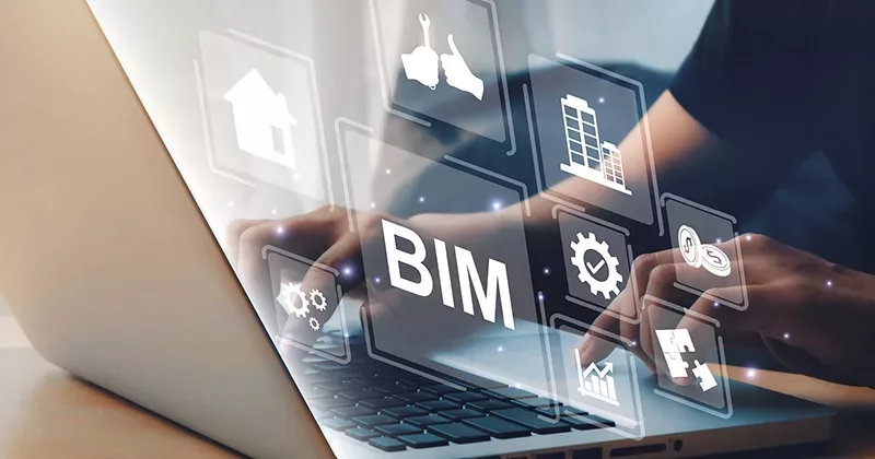 5D BIM graphic with woman on laptop