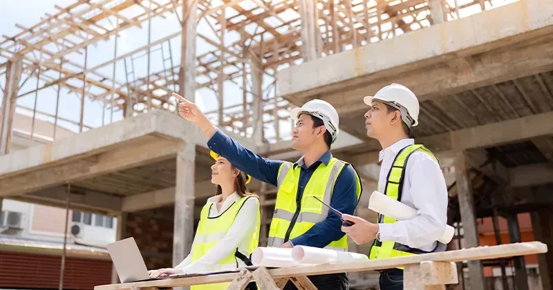 digital transformation in construction represented by civil engineers with laptop on construction site