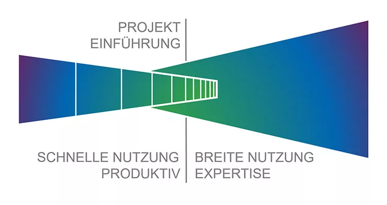 Infografik zur Software-Einführung mit Launch & Scale: Fokus auf schnelle Nutzung, breite Implementierung, hohe Produktivität und Expertenwissen.