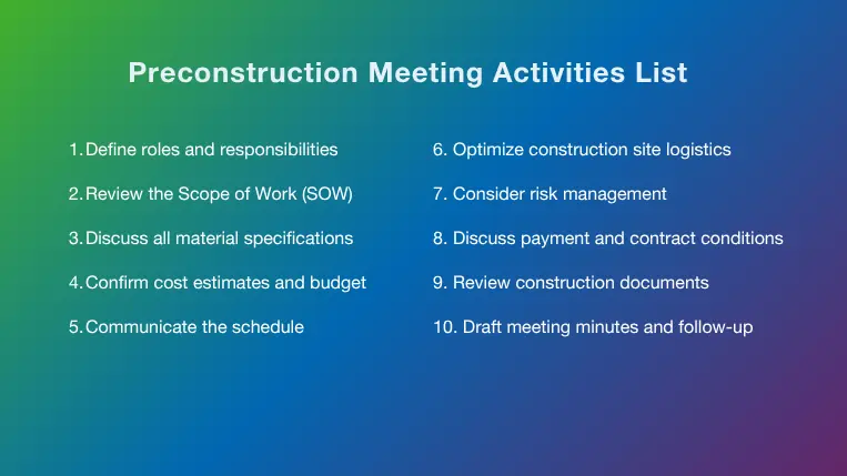List of the top 10 preconstruction meeting activities list 