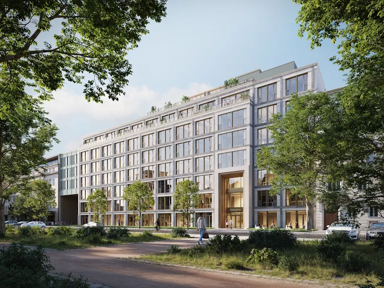 Moderne Außenansicht des Projekts Karlsgärten Berlin mit dem neuen Holzhybridbau-Teil. Die Diete + Siepmann Ingenieurgesellschaft mbH verantwortete die Leistungsphasen 6-8.