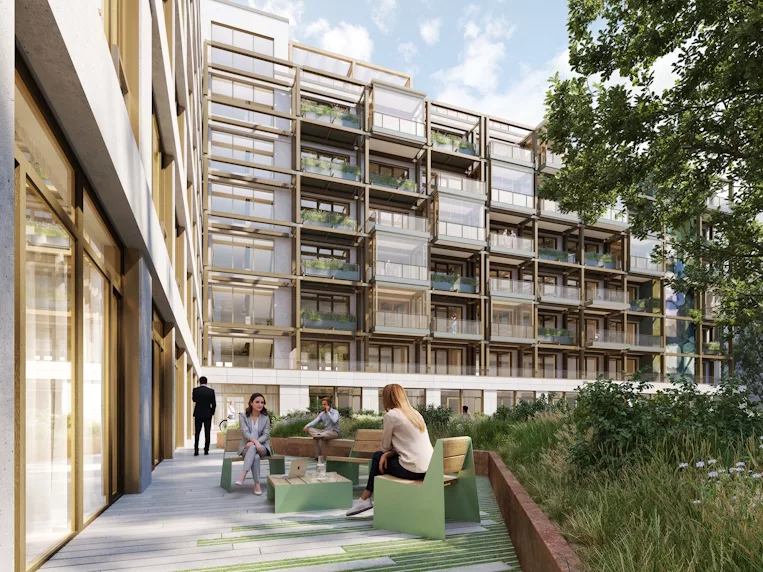 Architektur-Rendering oder Detailaufnahme des nachhaltigen Bürogebäudes der CA Immo mit Fokus auf Solarenergie.