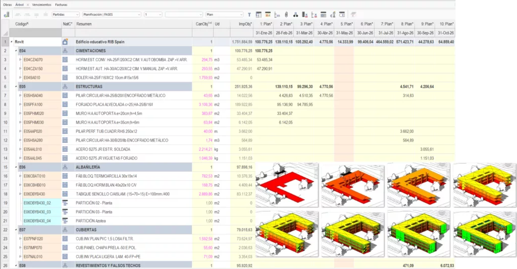 Planificación económica: periodificación de los costes por fases de certificación y animación de la secuencia sobre el modelo BIM